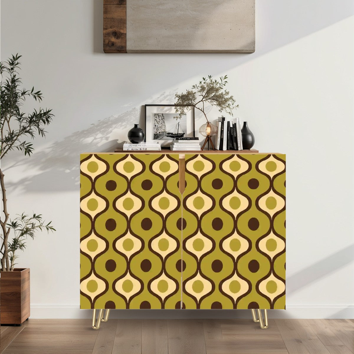 Retro 60s, 70s Geometric Mid Century Mod Green Sideboard, Credenza, Wooden Storage Cabinet