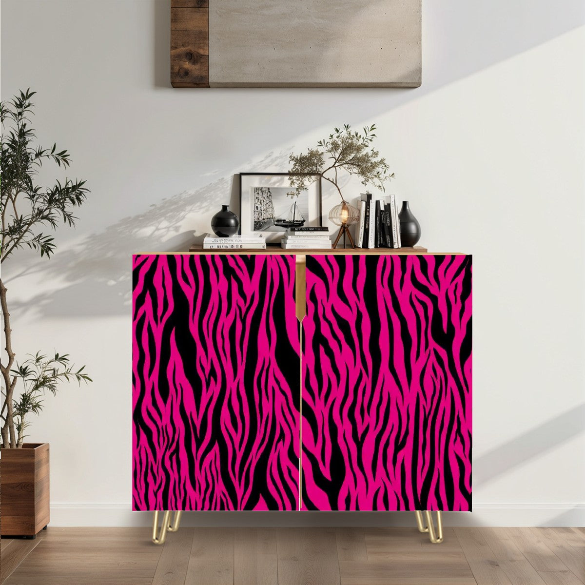Pink & Black Tiger Stripe Animal Print MCM Sideboard, Credenza, Wooden Storage Cabinet