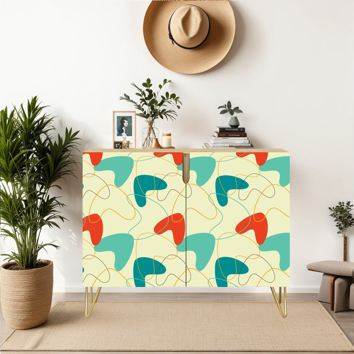 Retro 50's Atomic Boomerang Mid Century Mod Blue, Orange and Cream Sideboard, Credenza, Wooden Storage Cabinet