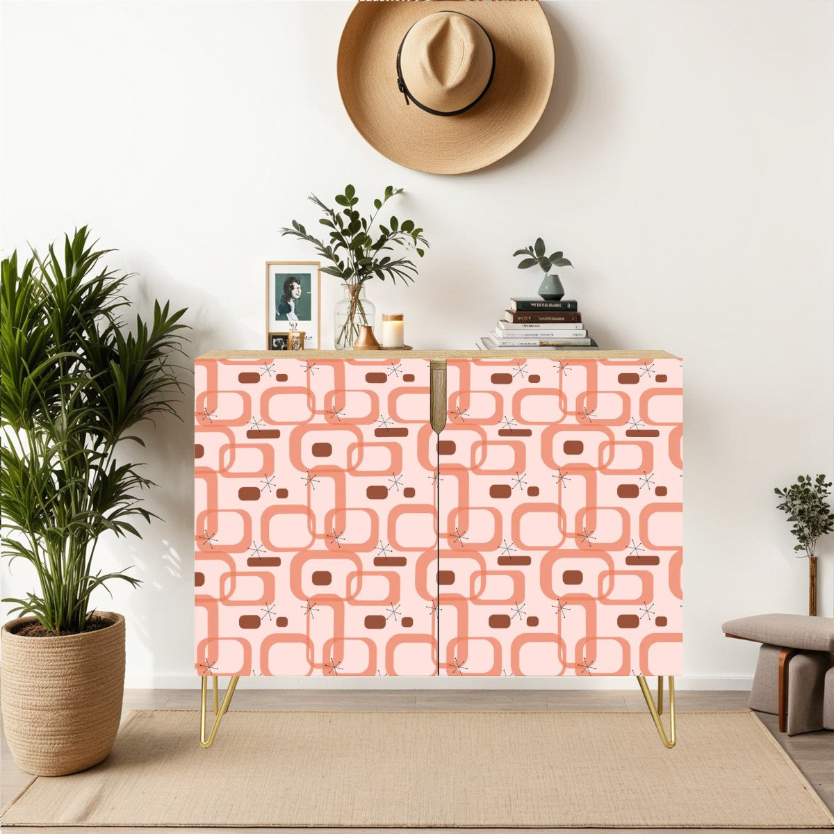 Retro 50s 60s Pink Mod Links and Bursts Mid Century Modern Sideboard, Credenza, Wooden Storage Cabinet