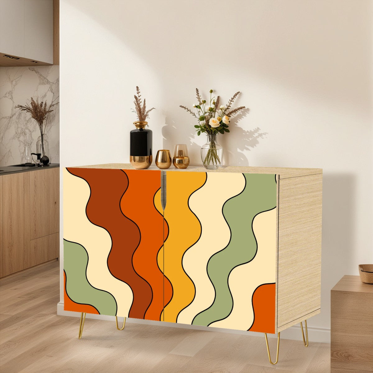 Groovy 60s 70s Mod Retro Rainbow Orange, Yellow, Green Mid Century Modern Sideboard, Credenza, Wooden Storage Cabinet