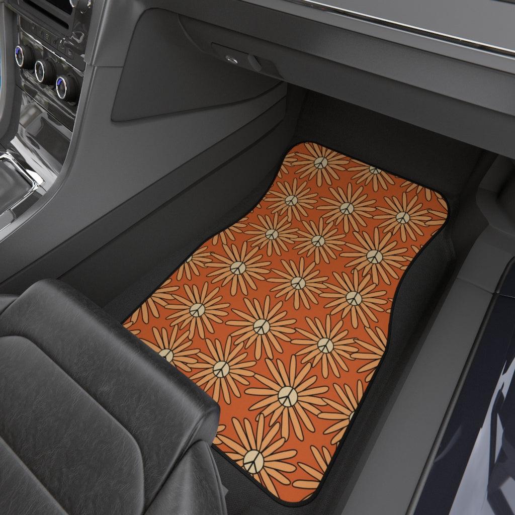 Groovy Boho Peace Sign Daisy Orange & Yellow Car Mats (Set of 4) | lovevisionkarma.com