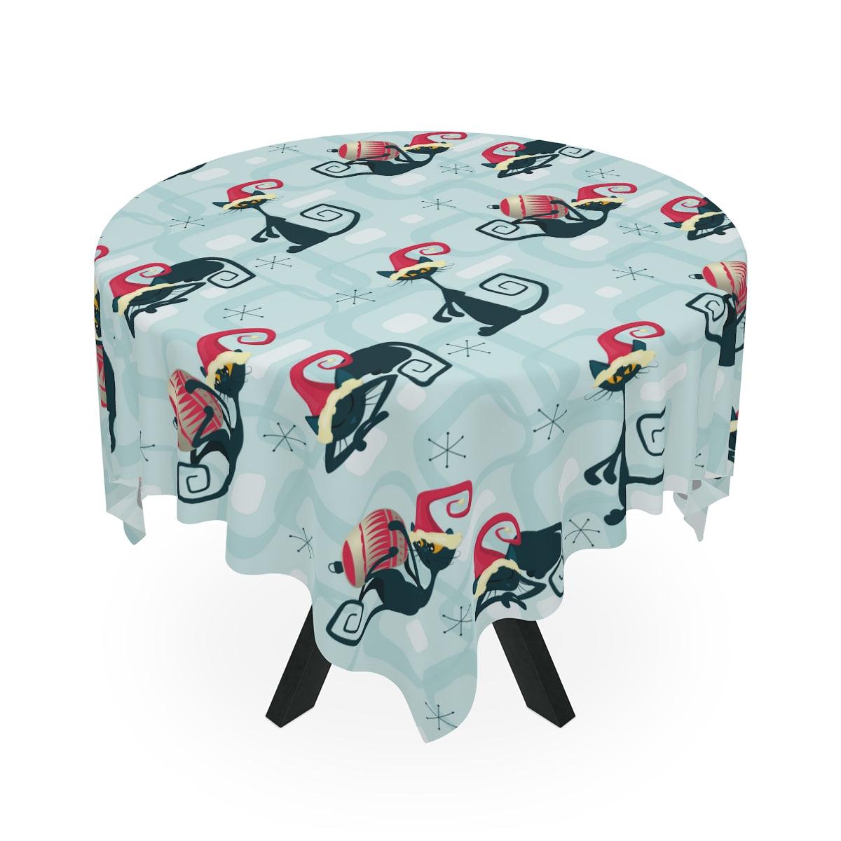 Christmas Atomic Cat MCM Blue Festive Tablecloth | lovevisionkarma.com