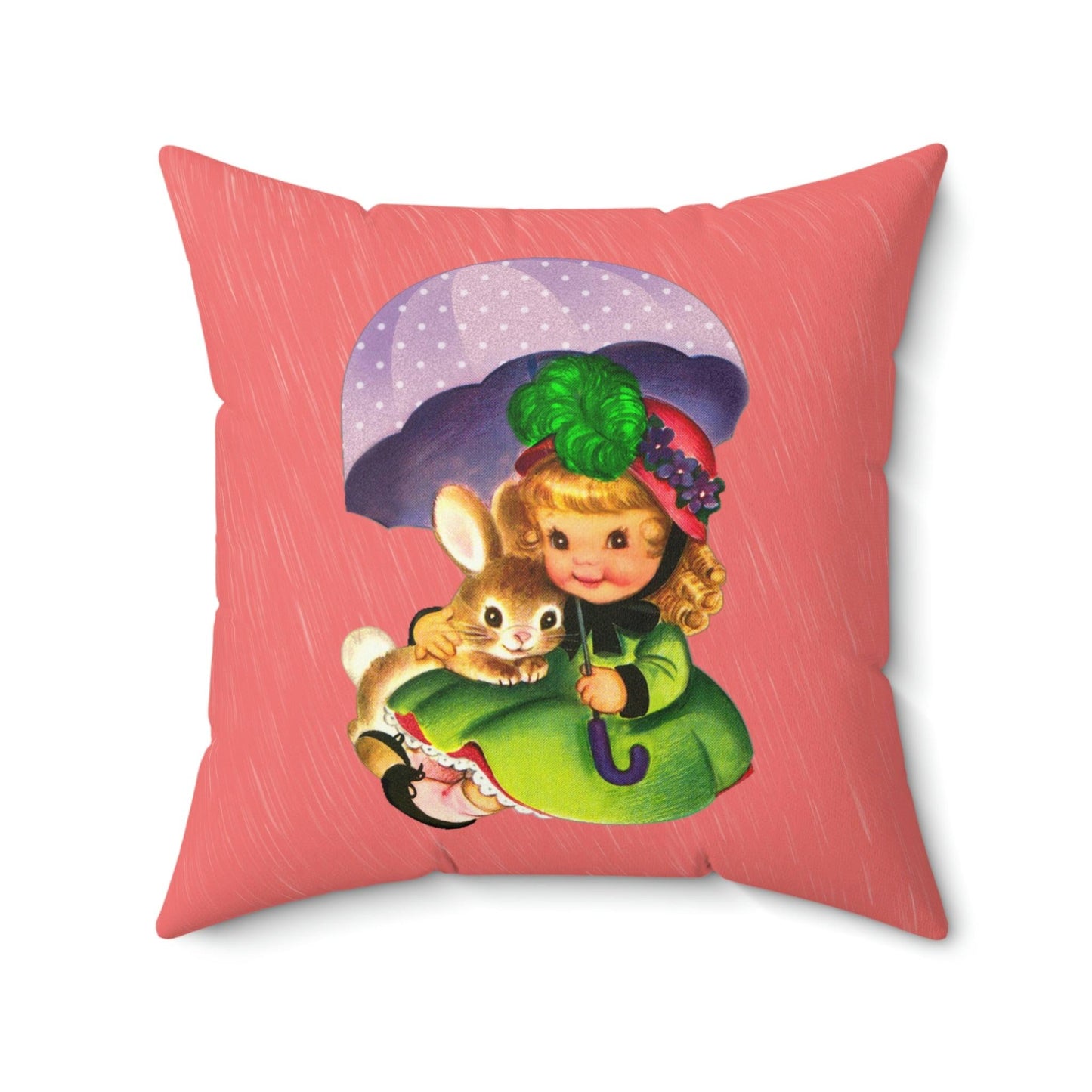 Vintage Easter, Girl with Bunny Kitschy Cute Coral MCM Throw Pillow | lovevisionkarma.com