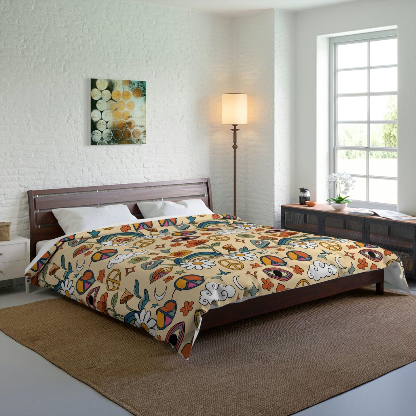 Boho Trippy Mushroom, Rainbow & Eye Hippie Cottagecore MCM Comforter | lovevisionkarma.com