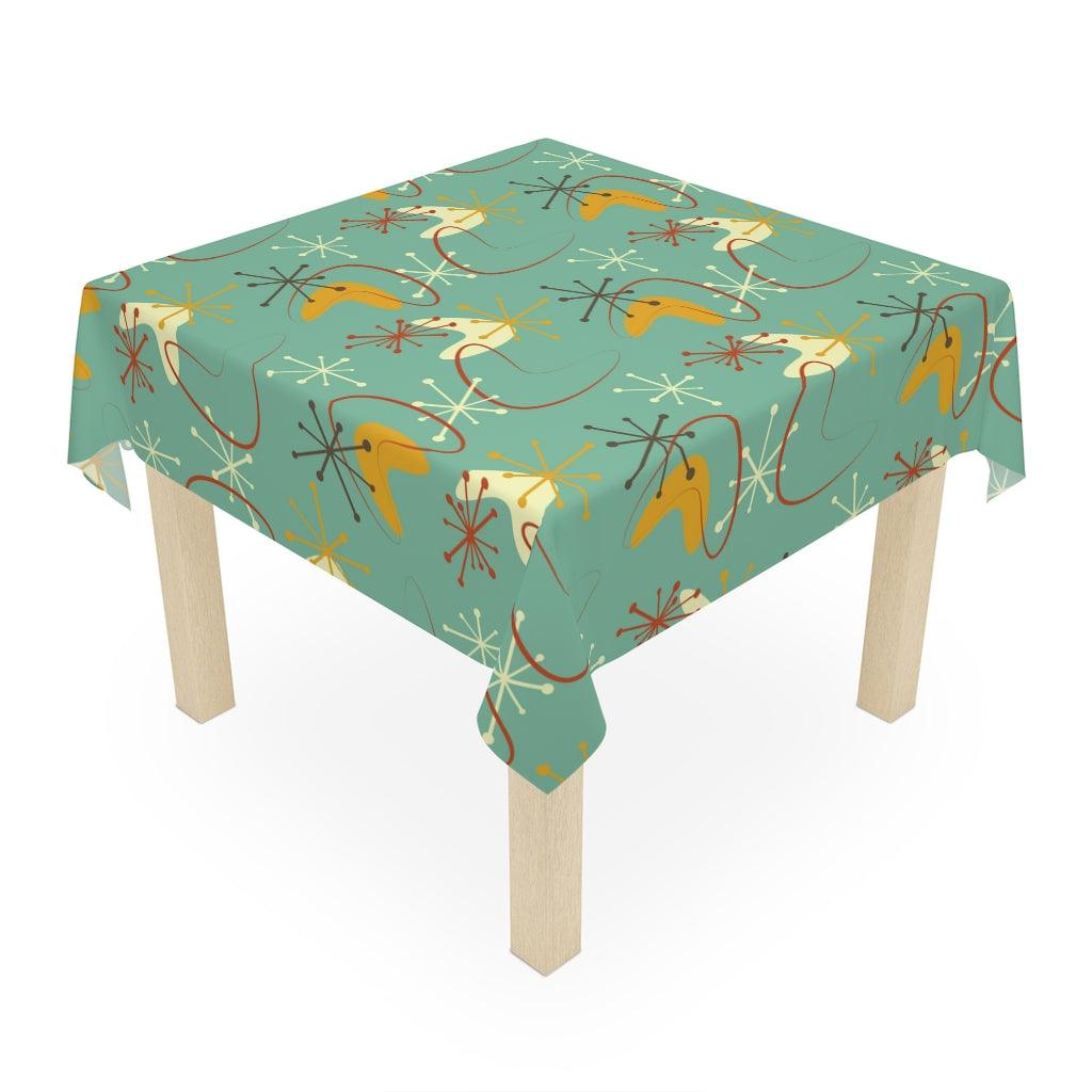 Retro Atomic Boomerang and Burst Teal and Mustard MCM Tablecloth | lovevisionkarma.com