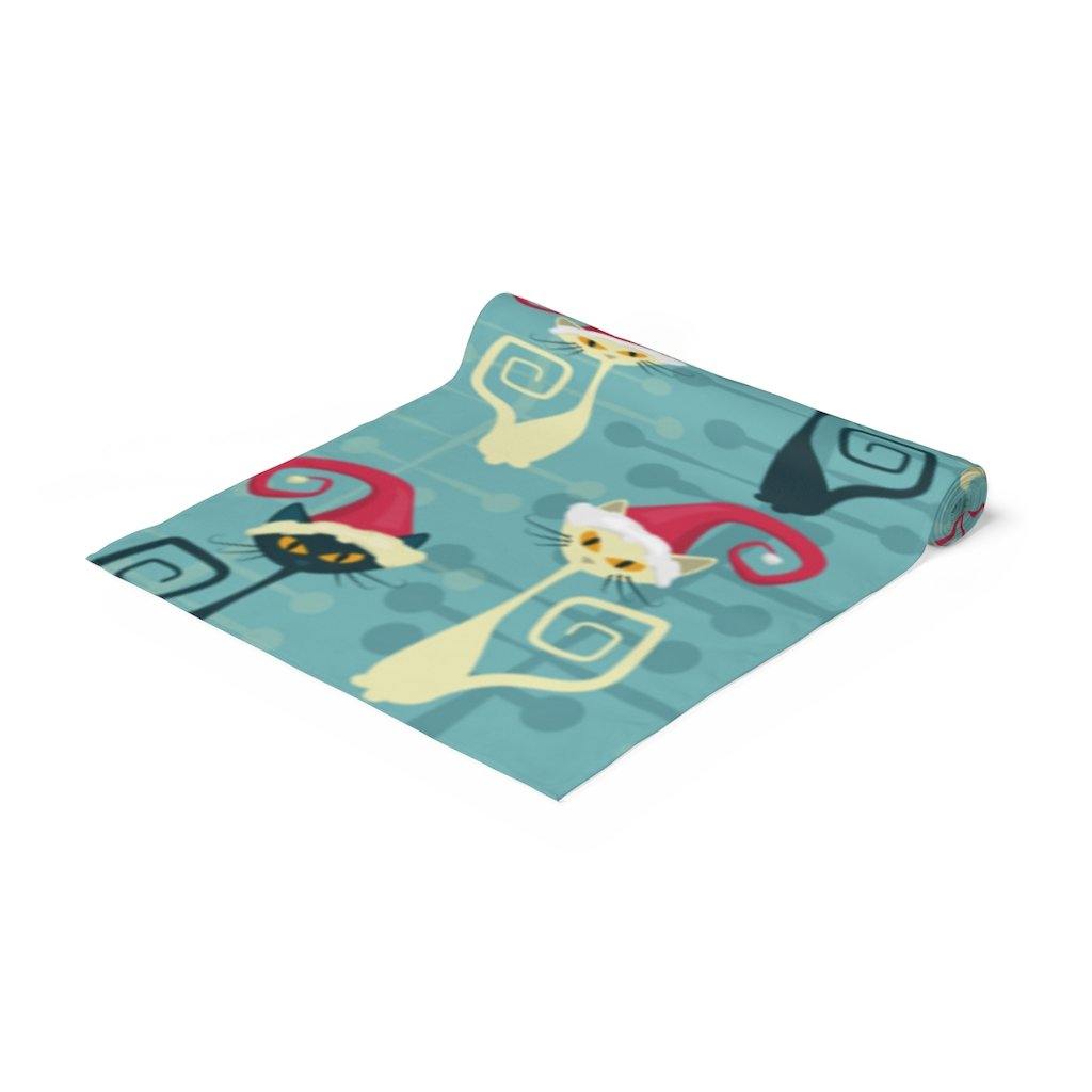 Christmas Atomic Cat Mid Century Modern Table Runner Blue Retro Table Linens | lovevisionkarma.com