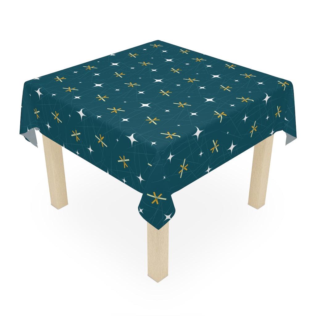 Mid Century Mod Atomic Bursts and Stars Dark Blue Tablecloth | lovevisionkarma.com