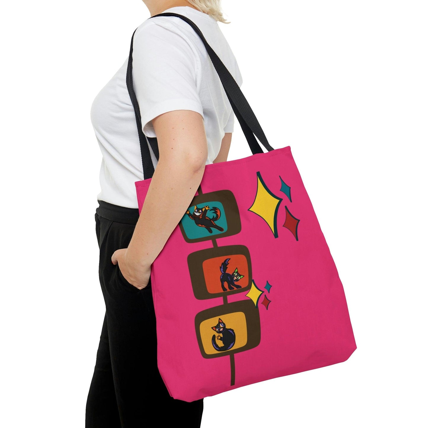 Retro Atomic Kitschy Kitties Mid Century Mod Pink Tote Bag | lovevisionkarma.com