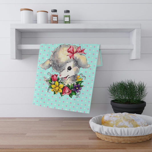 Vintage Easter Kitsch Lamb Cute 50s Blue Kitchen Tea Towel | lovevisionkarma.com
