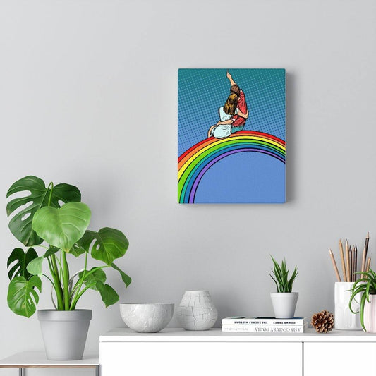 "Couple Sitting on Rainbow" Comic Pop Art Canvas Gallery Wrap | lovevisionkarma.com