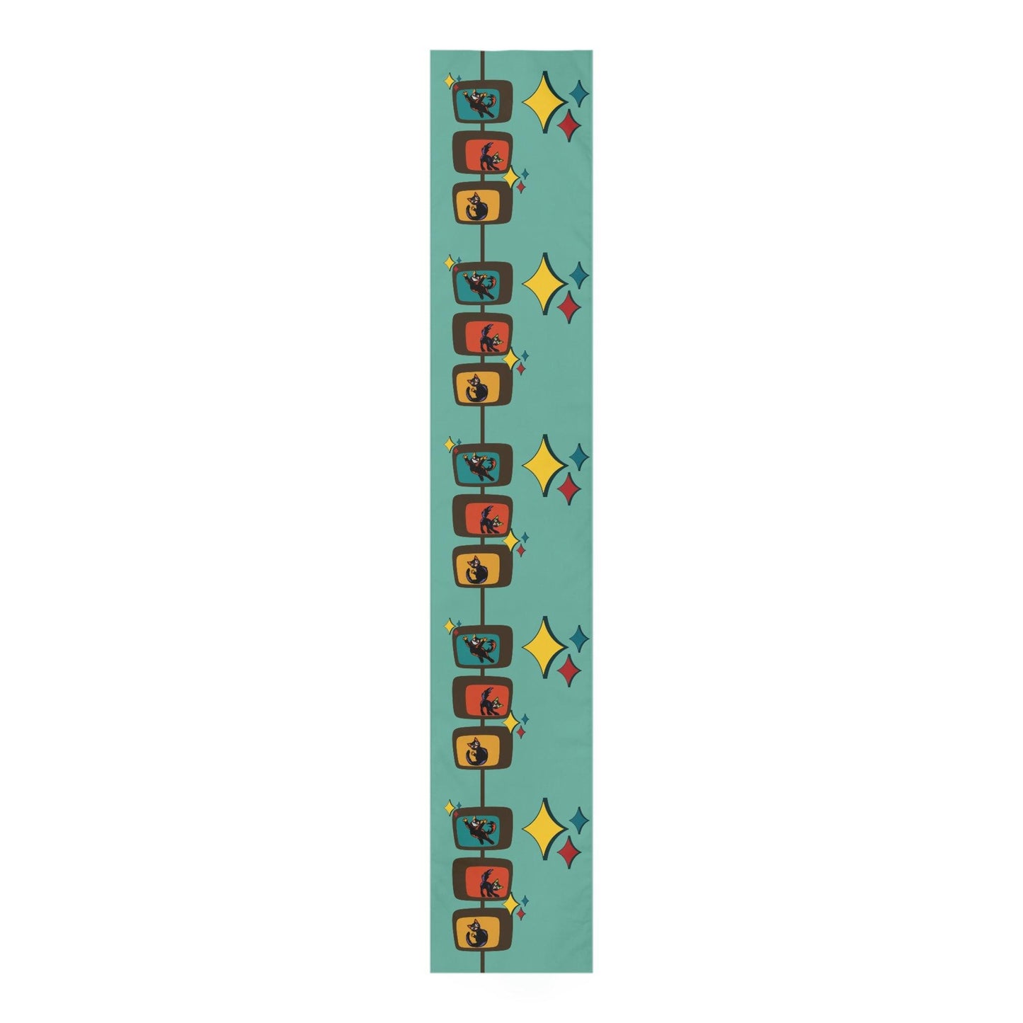 Retro Kitsch Cats Mid Century Mod Blue Table Runner | lovevisionkarma.com