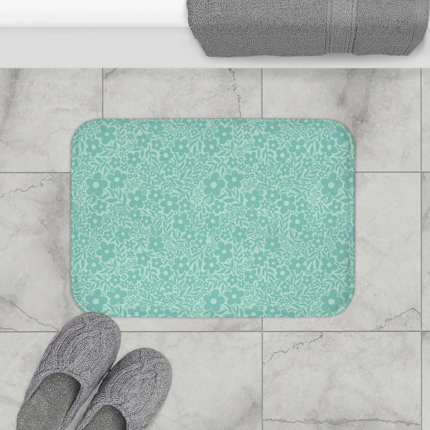 Minimalist Retro Floral Mid Century Teal Bath Mat | lovevisionkarma.com
