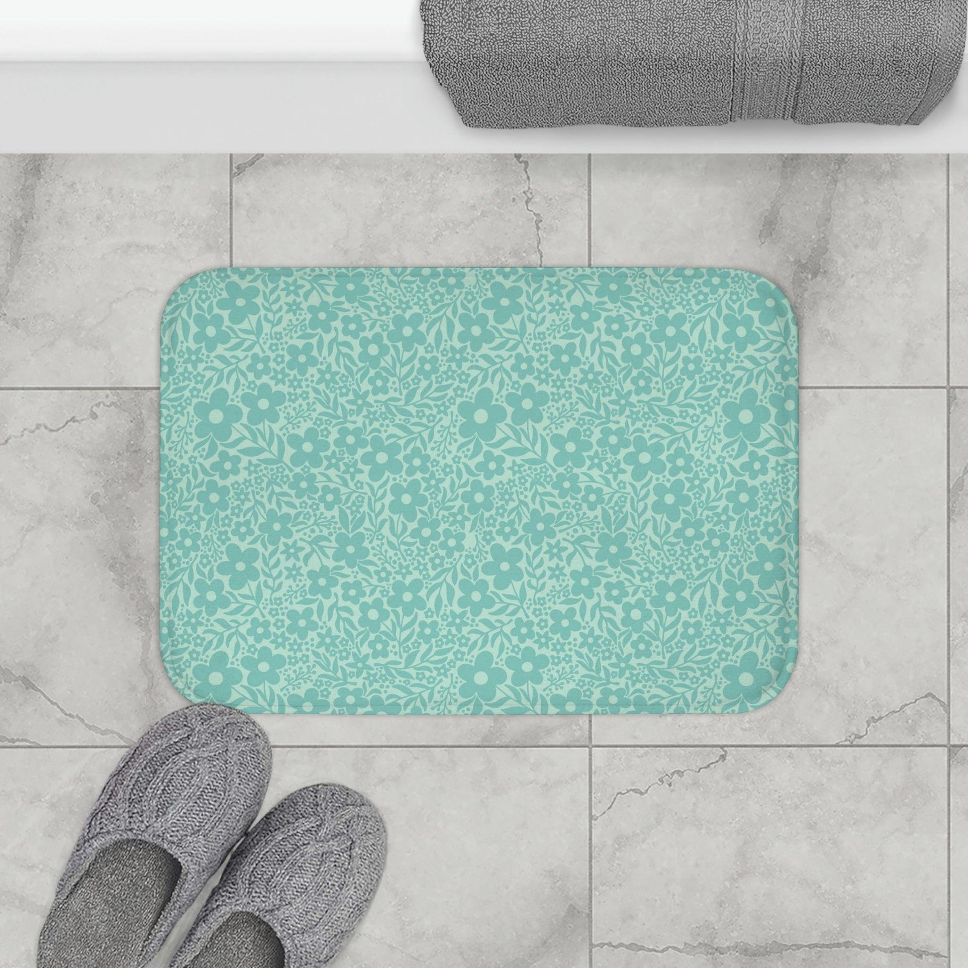 Minimalist Retro Floral Mid Century Teal Bath Mat | lovevisionkarma.com