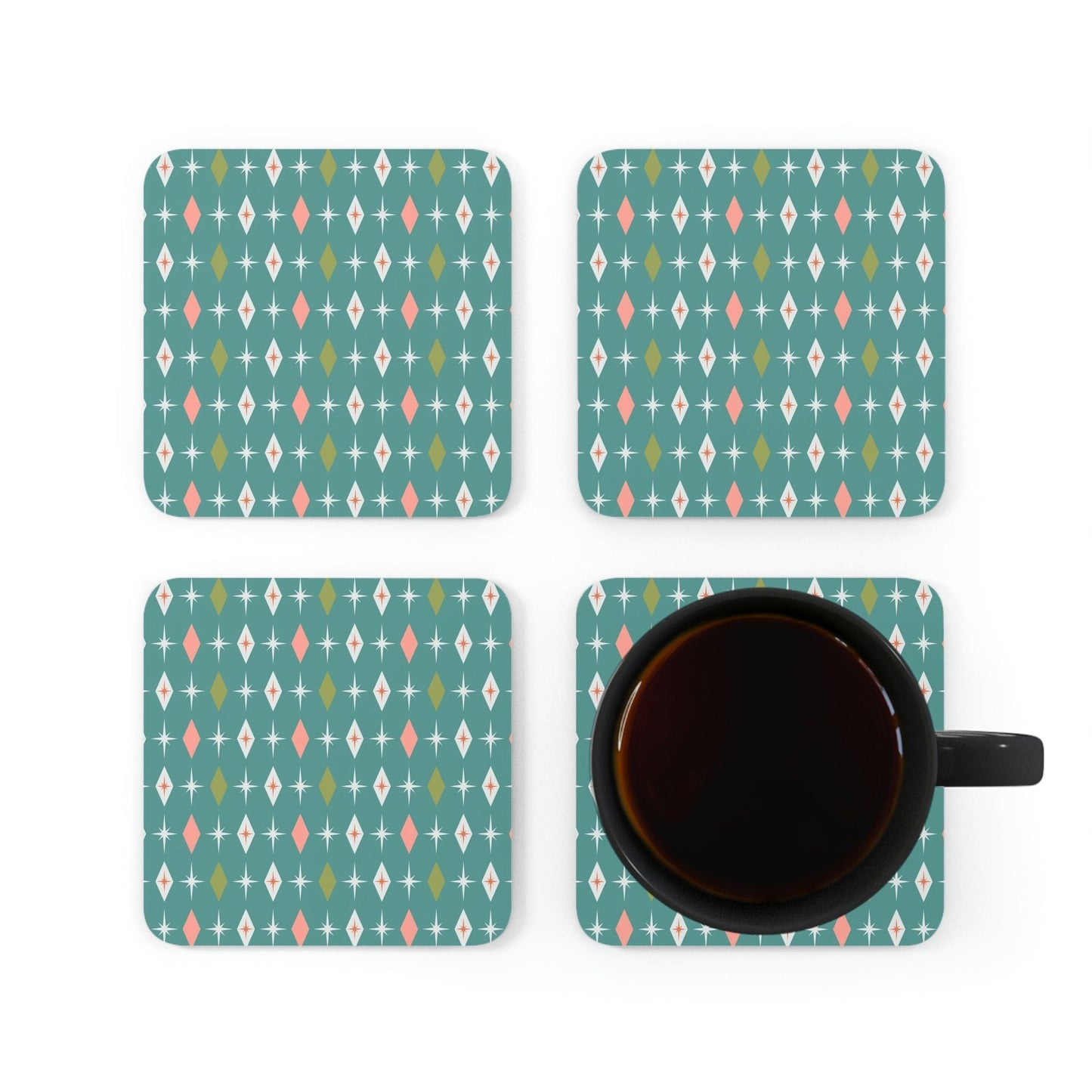 Retro 50s Mid Century Bursts and Diamonds Teal & Pink Coaster Set | lovevisionkarma.com