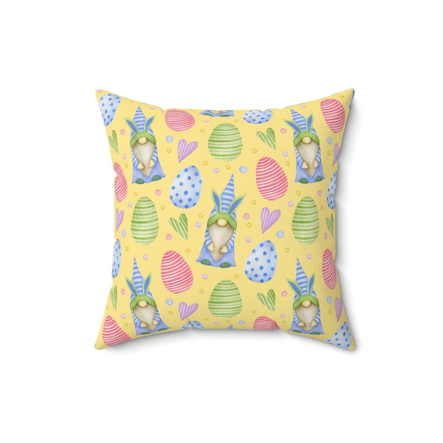 Gnomes with Bunny Ears Spring Yellow Easter Throw Pillow | lovevisionkarma.com