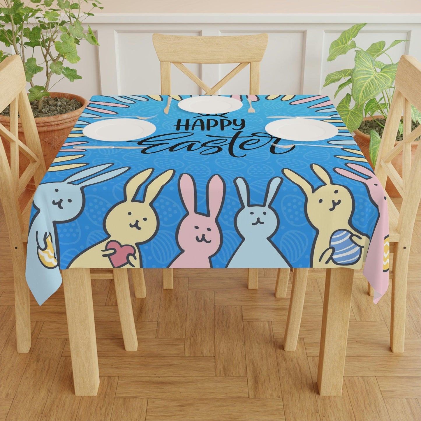 Cute Bunnies Easter Blue Square Tablecloth | lovevisionkarma.com