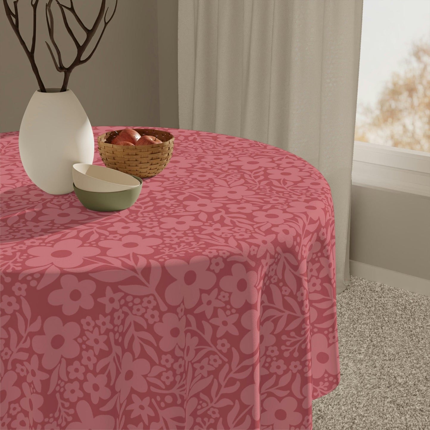 Retro Minimalist Flowers Mid Century Monochromatic Coral Pink Tablecloth | lovevisionkarma.com