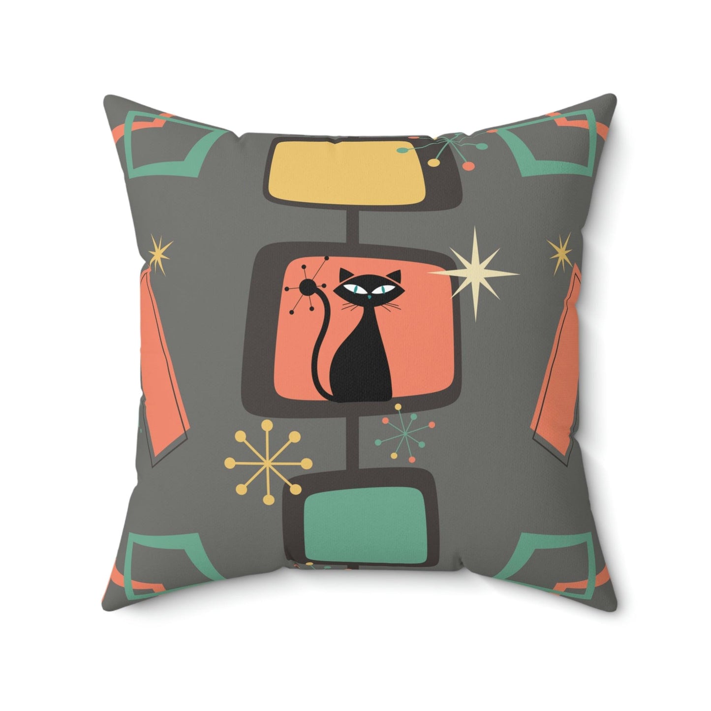 Retro Atomic Cat, Starburst Chic Mid Century Mod Coral & Gray Throw Pillow | lovevisionkarma.com