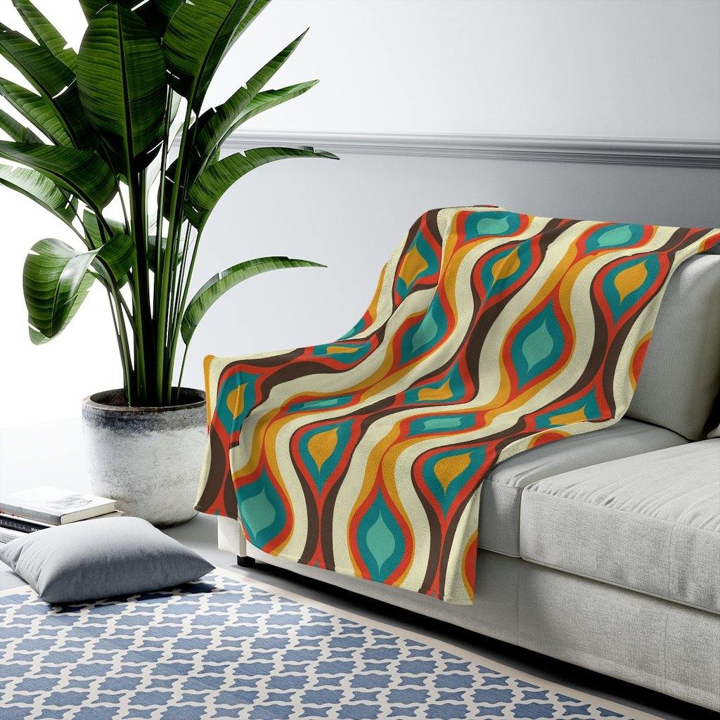 Retro 60's Geometric Waves Brown, Orange & Blue Velveteen Lightweight Blanket | lovevisionkarma.com