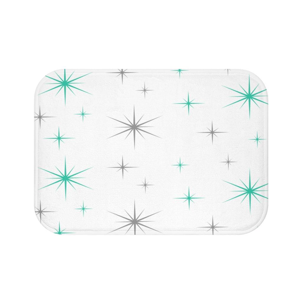 Starbursts 50s, 60s Mid Century Modern Teal & Grey Bath Mat | lovevisionkarma.com