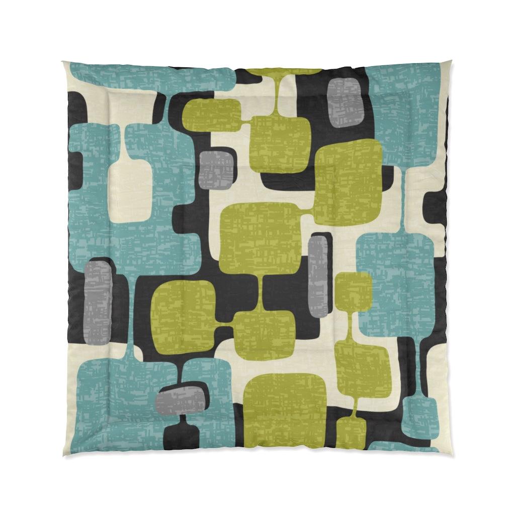 Retro Mod Abstract Green, Blue and Black MCM Comforter | lovevisionkarma.com