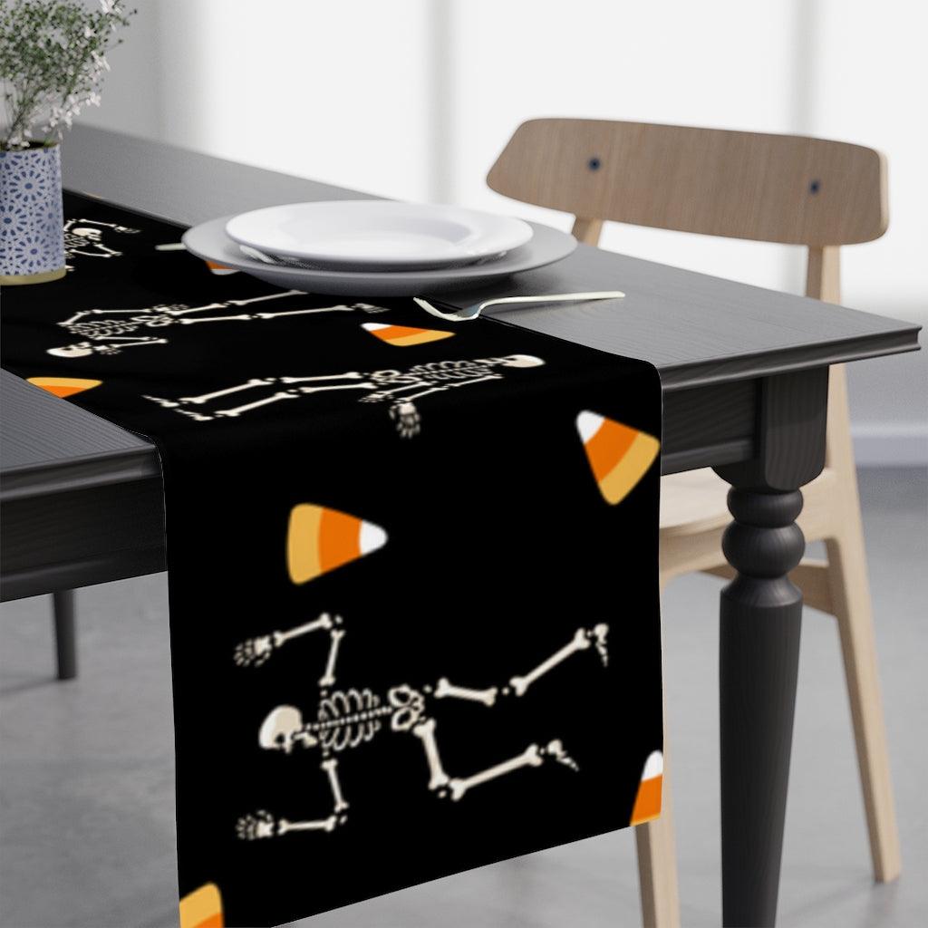 Dancing Skeletons & Candy Corn Halloween Black Table Runner | lovevisionkarma.com