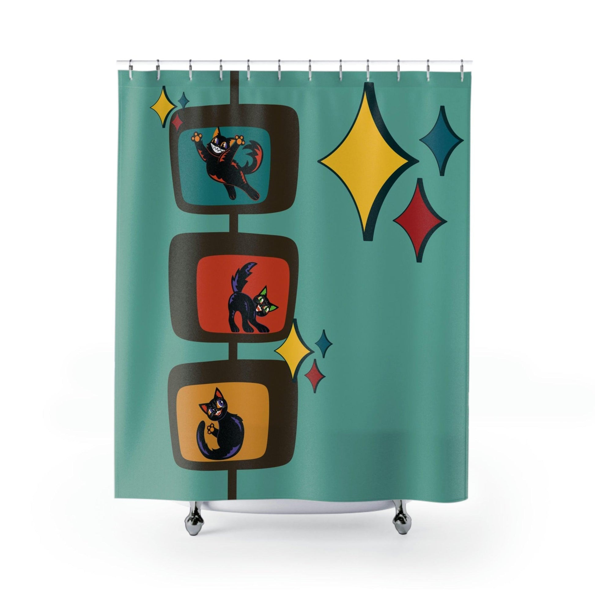 Retro Atomic Kitsch Cats MCM Blue Shower Curtain | lovevisionkarma.com