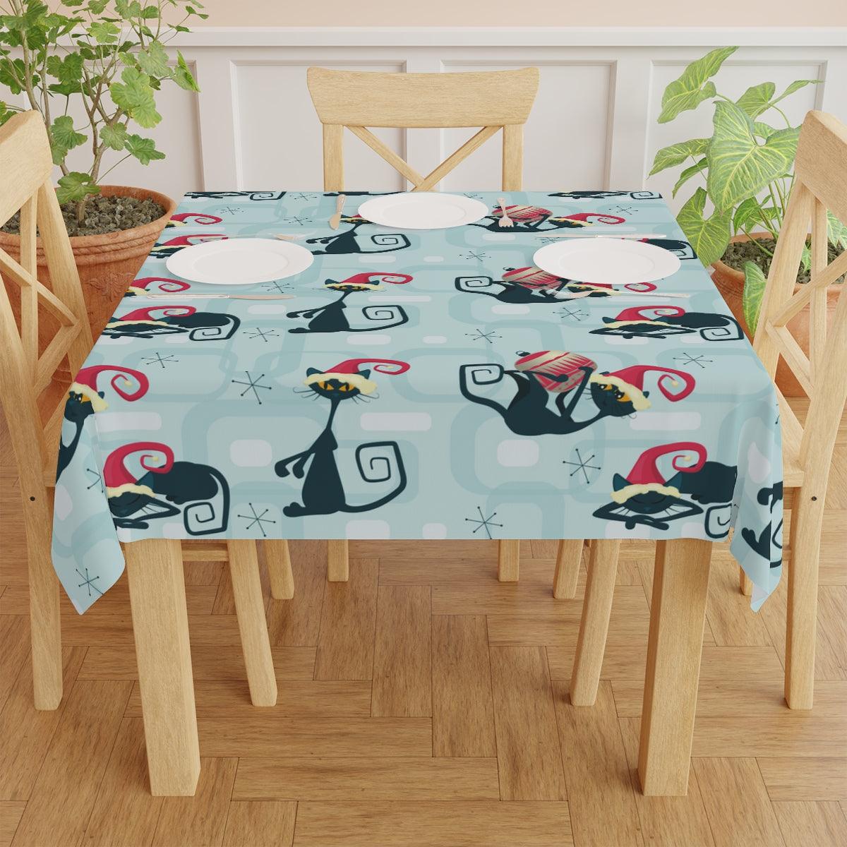 Christmas Atomic Cat MCM Blue Festive Tablecloth | lovevisionkarma.com