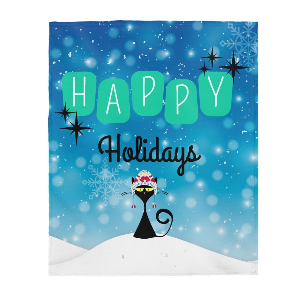 Mid Century Atomic Cat Christmas Velveteen Lightweight Blanket | lovevisionkarma.com