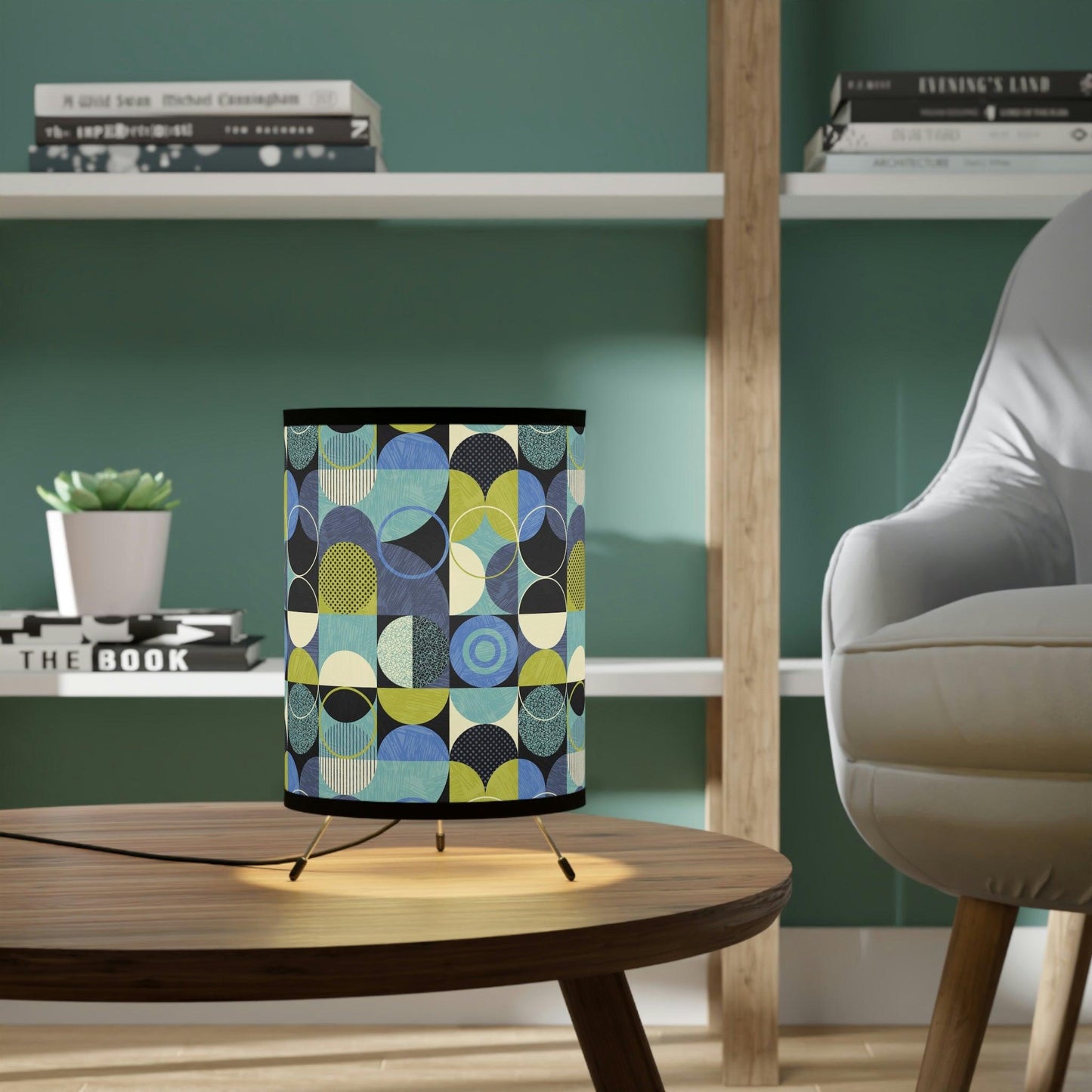 Retro Mid Century Mod Abstract Blue and Green Tripod Tabletop Accent Lamp | lovevisionkarma.com