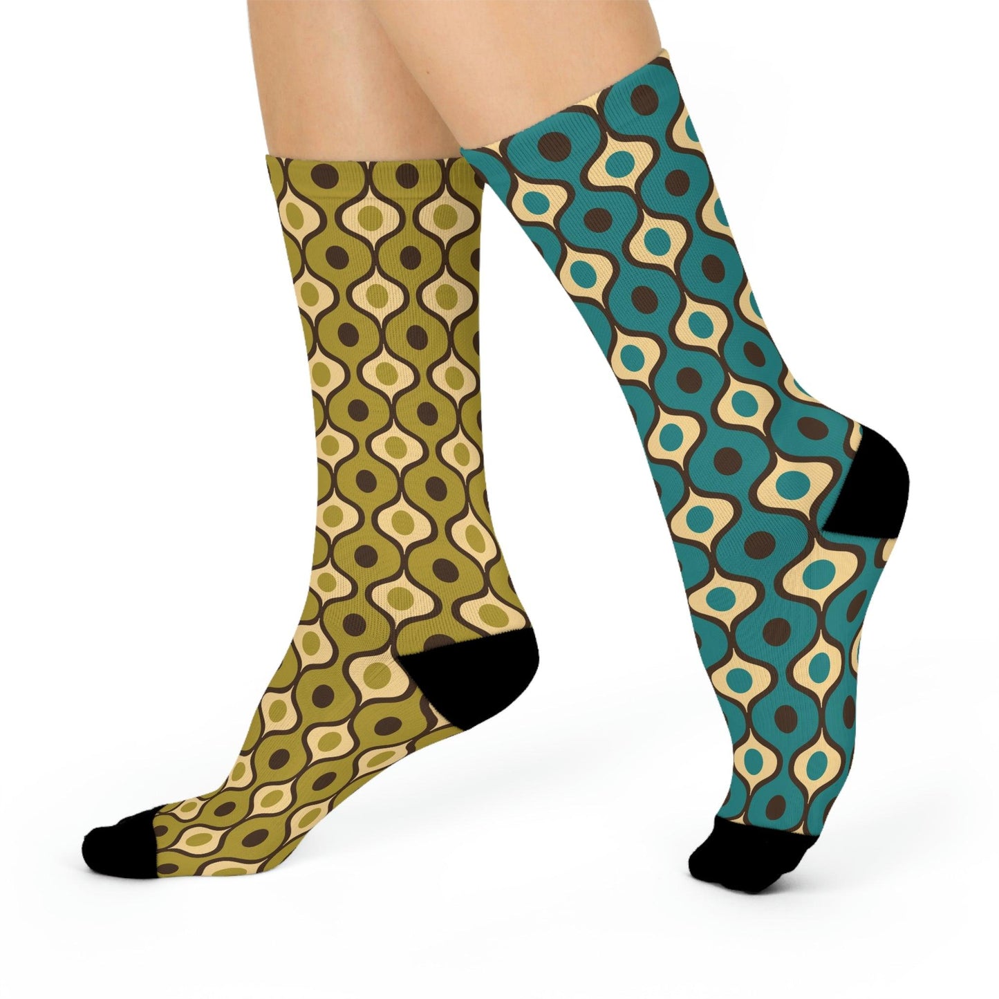Mismatched Funky Retro Green and Blue Cushioned Unisex Crew Socks | lovevisionkarma.com