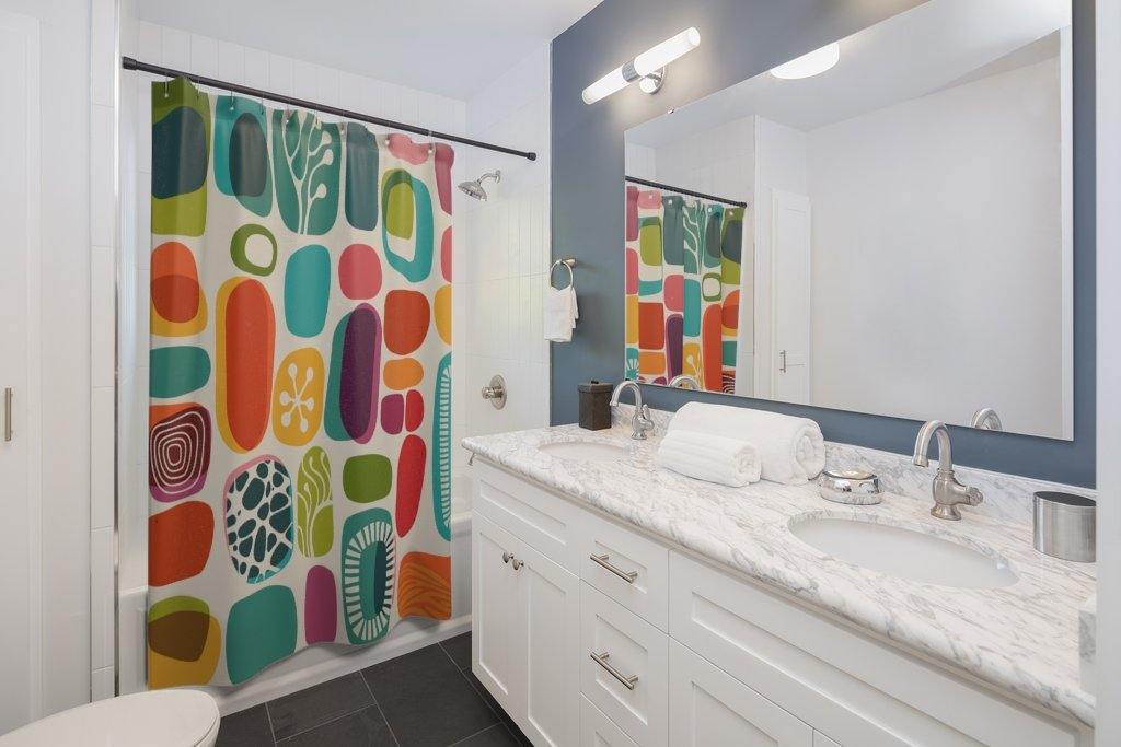 1960s, 70s Mid Century Modern Vibrant Abstract Shower Curtain | lovevisionkarma.com
