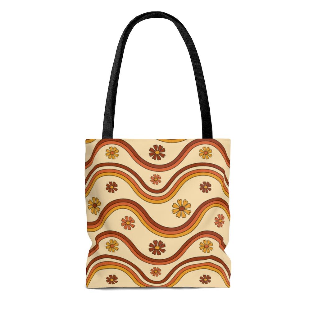 Boho Wavy Rainbow and Flowers Hippie Tote Bag | lovevisionkarma.com
