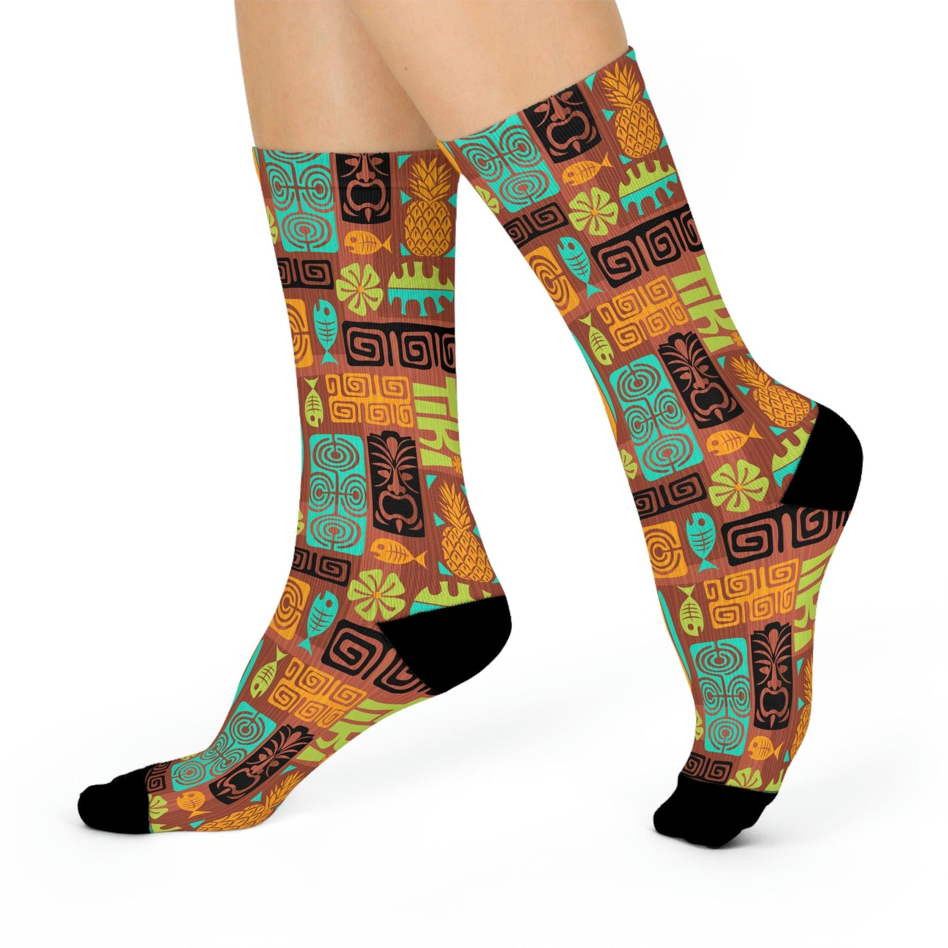 Tiki 60's Retro Mid Century Brown, Orange & Blue Cushioned Crew Unisex Socks | lovevisionkarma.com