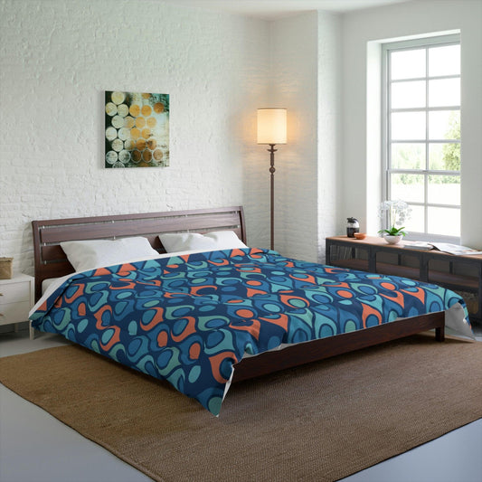 Retro Mid Century Mod Geometric Blue & Coral Orange Comforter | lovevisionkarma.com