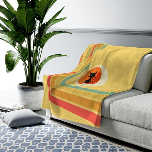 Retro Atomic Cat in Ball Chair MCM Yellow Lightweight Velveteen Blanket | lovevisionkarma.com