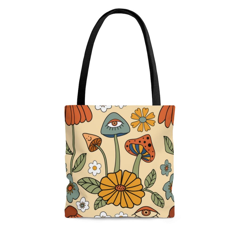 Retro Trippy Mushroom Hippie Flower Tote Bag | lovevisionkarma.com