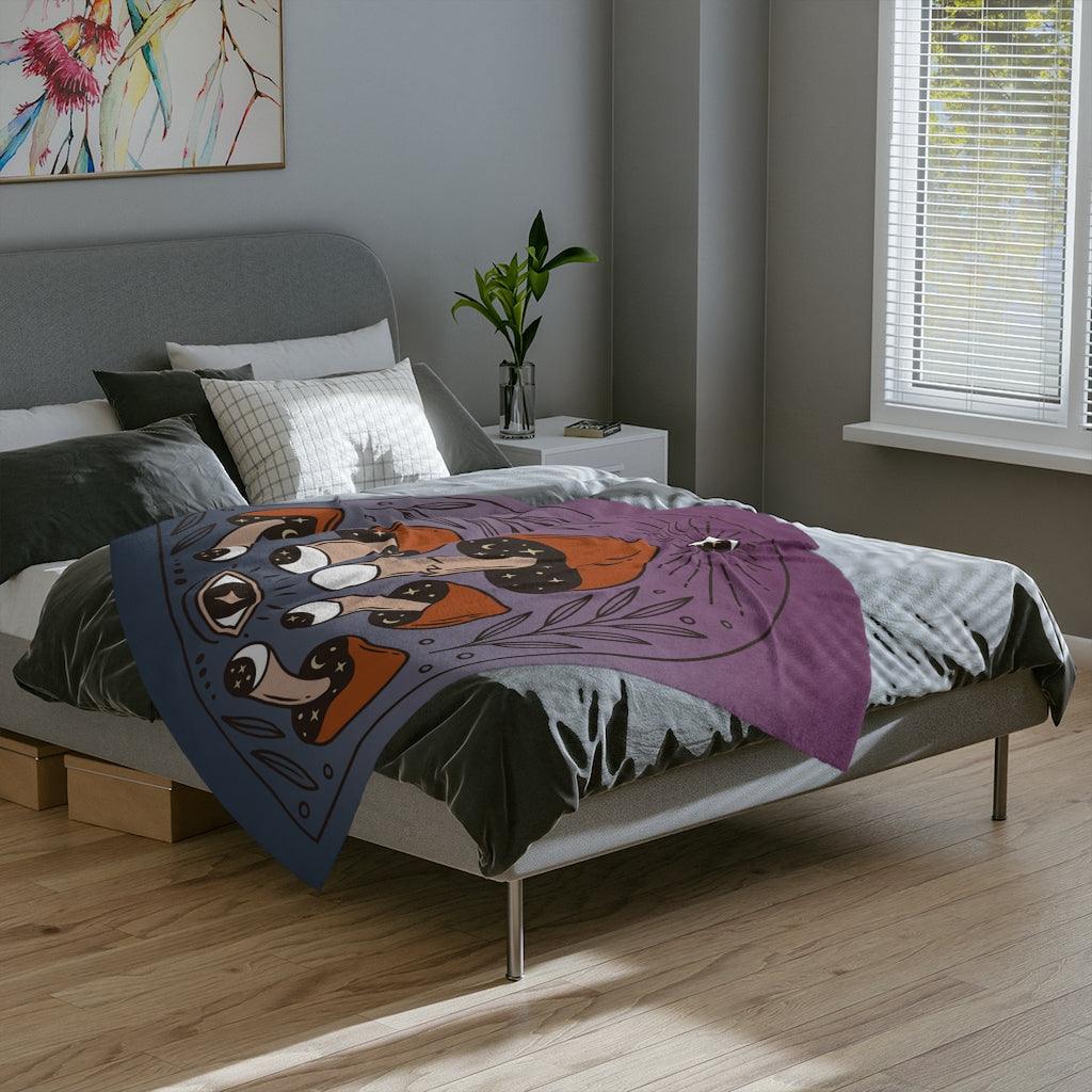 Boho Mushroomcore & Celestial Witchcore Velveteen Minky Blanket | lovevisionkarma.com