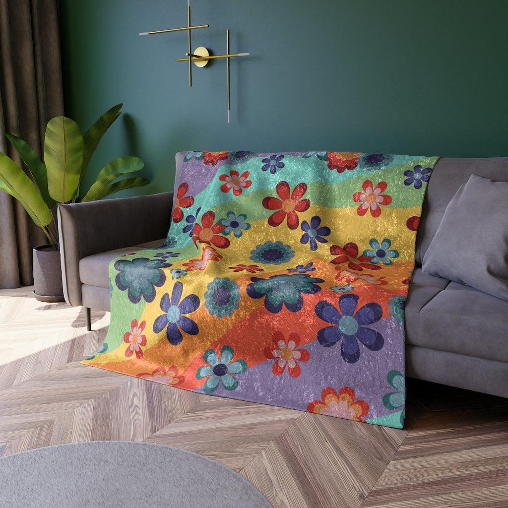 Groovy 60's Flowers Hippie Rainbow Crushed Velvet Blanket | lovevisionkarma.com
