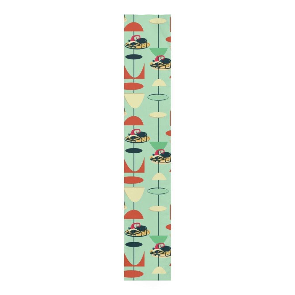 Christmas Atomic Cat Table Runner Green Retro Table Linens | lovevisionkarma.com