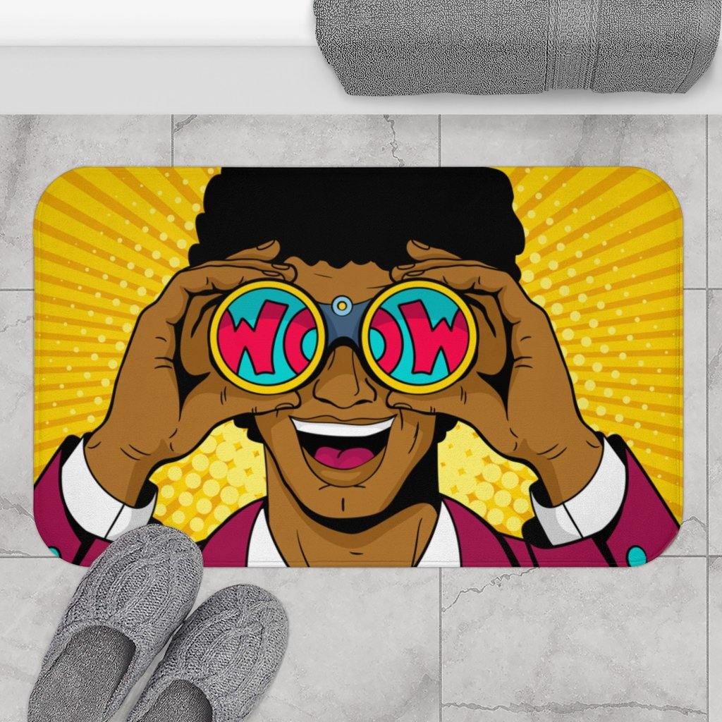 "Wow" Binoculars Man Comic Pop Art Funny Bath Mat | lovevisionkarma.com
