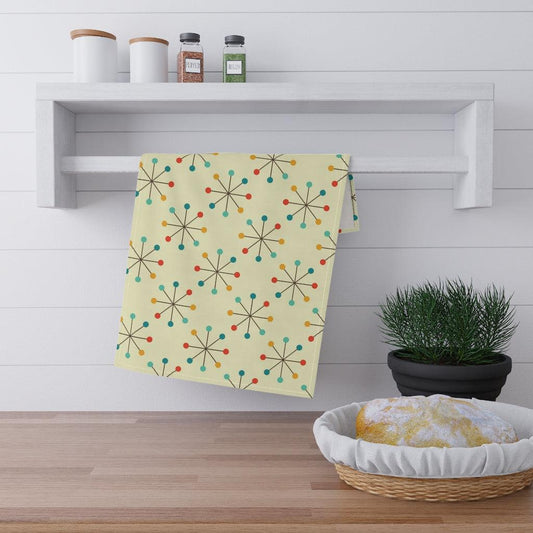 Retro 50's Atomic Starburst Orange, Teal & Cream MCM Kitchen Towel | lovevisionkarma.com