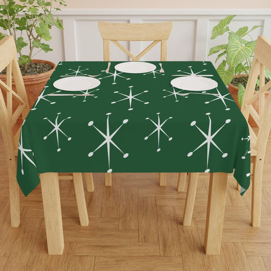Atomic Starburst Retro 50s Festive Green MCM Tablecloth | lovevisionkarma.com
