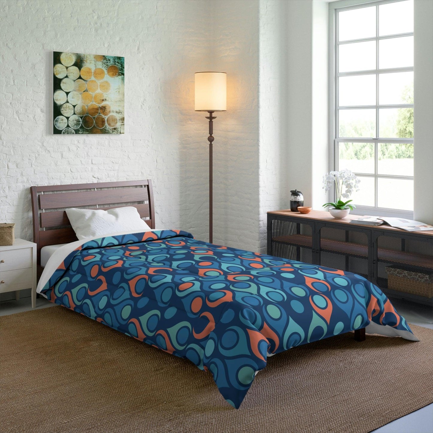 Retro Mid Century Mod Geometric Blue & Coral Orange Comforter | lovevisionkarma.com