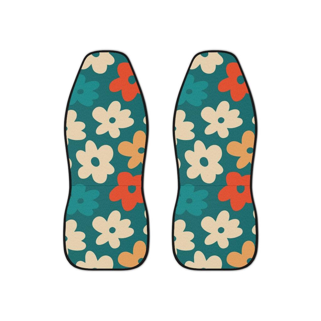 Retro Boho Flowers Teal, Orange & Yellow MCM Car Seat Covers | lovevisionkarma.com