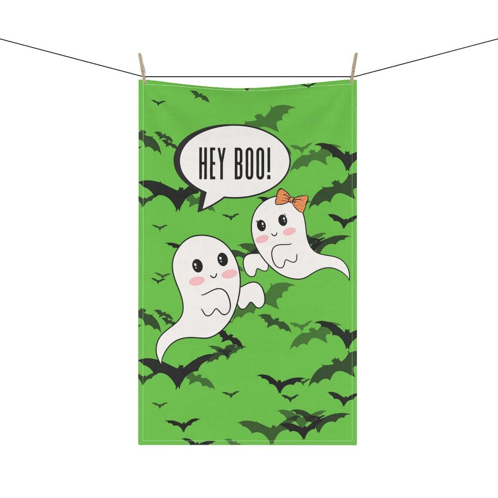 Hey Boo, Cute Kawaii Ghosts & Bats Halloween Green Tea Towel | lovevisionkarma.com