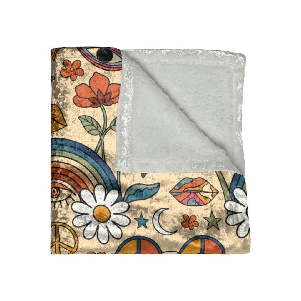 Trippy Boho Mushroom, Rainbow and Hippie Flowers Cottagecore Crushed Velvet Blanket | lovevisionkarma.com