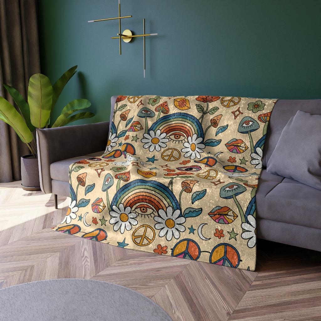 Trippy Boho Mushroom, Rainbow and Hippie Flowers Cottagecore Crushed Velvet Blanket | lovevisionkarma.com