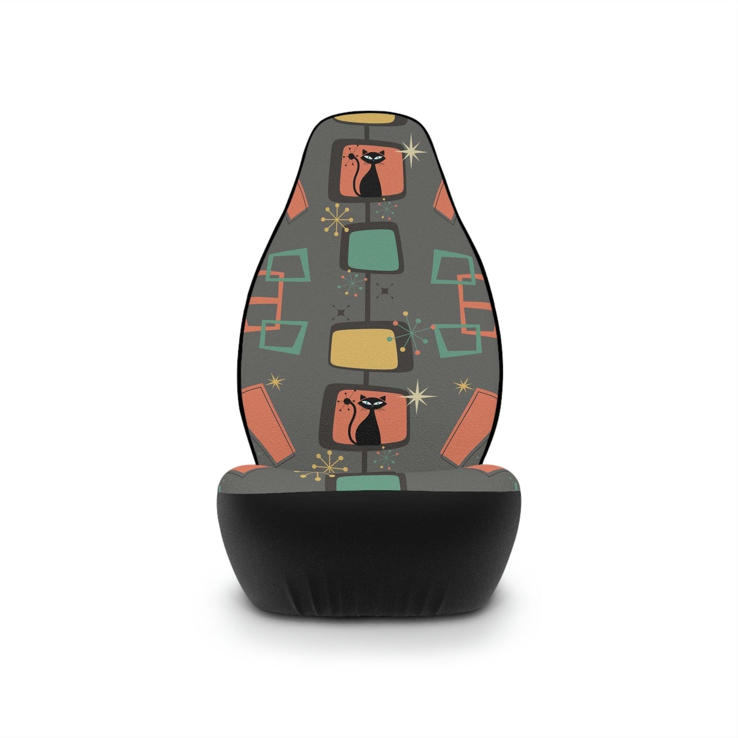 Retro 50s Atomic Cat Mid Century Gray & Coral Car Seat Covers | lovevisionkarma.com